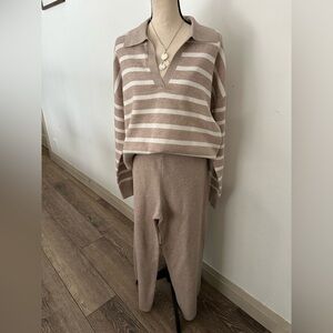 Nicole Miller Chic Striped Knit Set in Beige and Cream XL